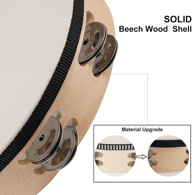 LIEKE Goatskin Tambourine 10 Inch Beechwood Hand Held Drum for Adult with 8 Pairs Metal Jingles for Music Classroom Dance Party Church Game Props - Image 3